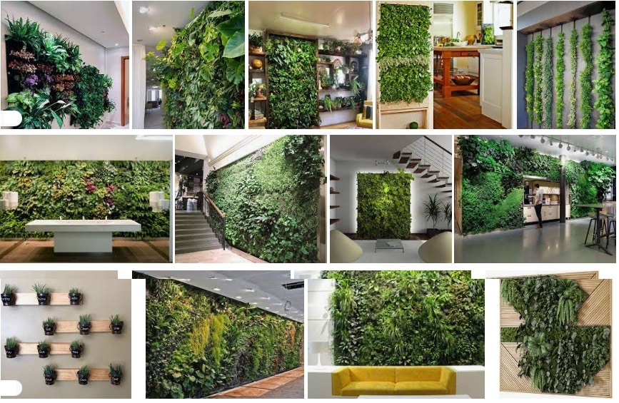 examples of different wall garden indoors in the interior of rooms with lighting