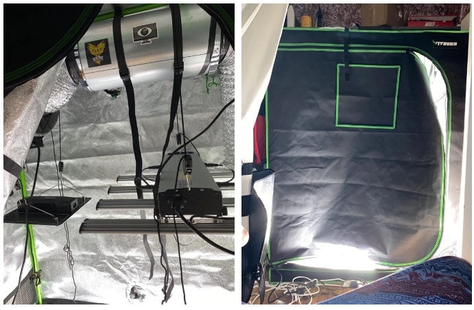 1 Left photo inside view from above, right view outside the door is closed BloomGrow 1200W 48''x48''x80'' Grow Tent Complete Kit