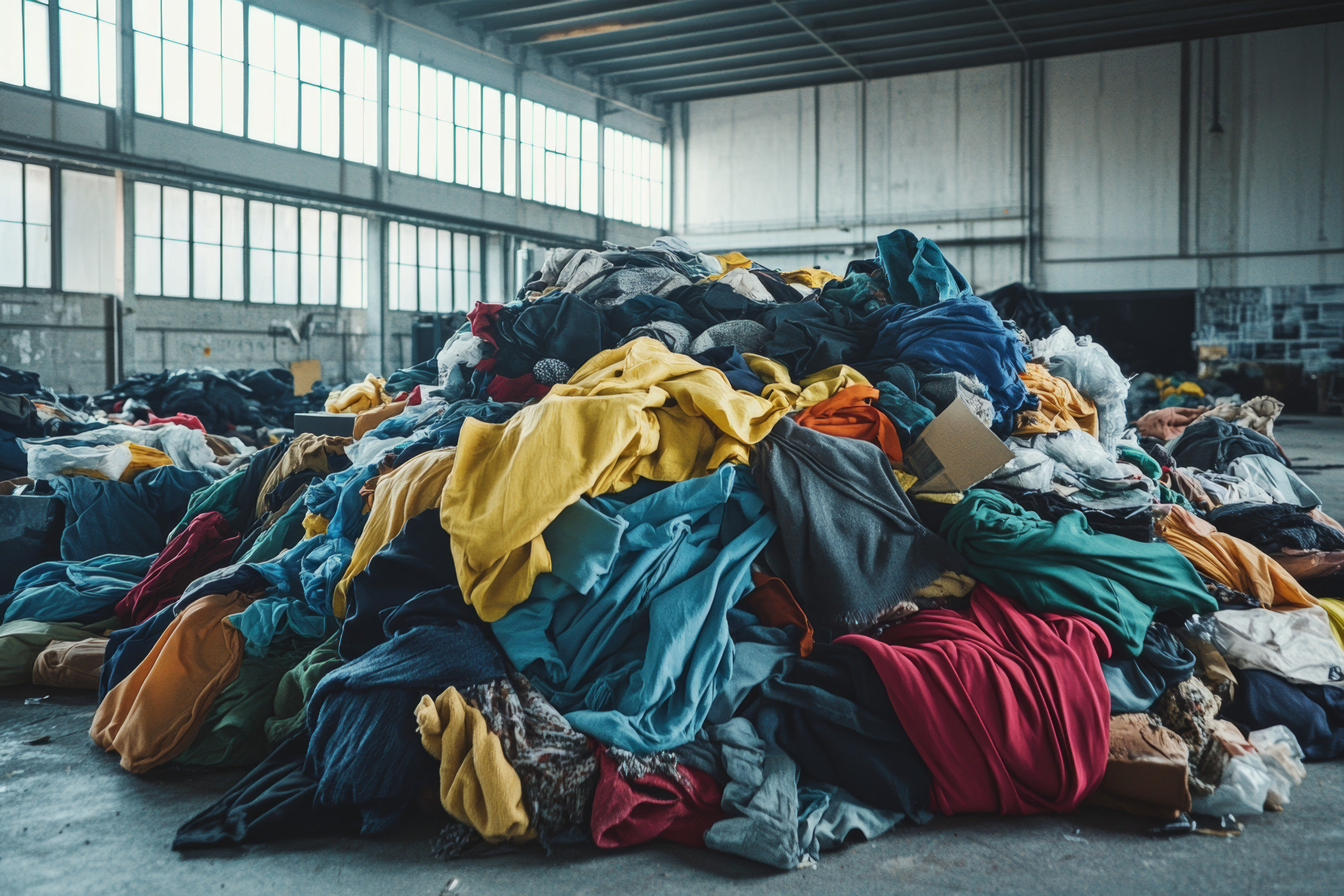 A collection of used clothing and fashion items in an industrial warehouse setting