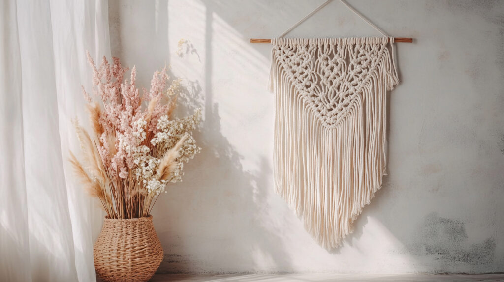 Bouquet of dried flowers in a wicker vase on a hanger near the window.