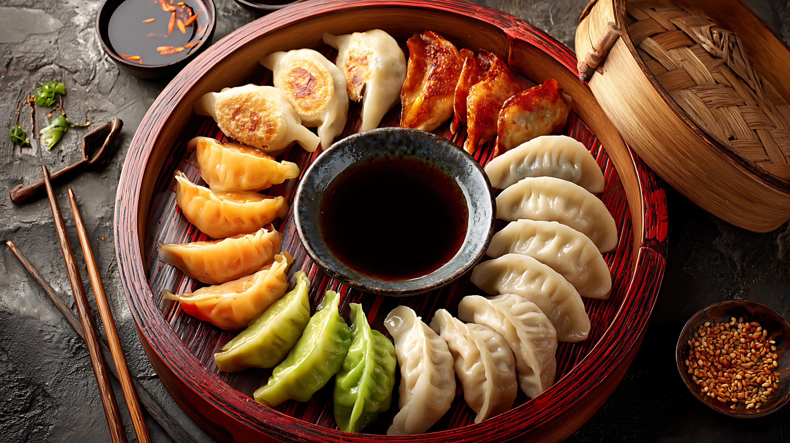Chinese dumplings with soy sauce and chopsticks on dark background