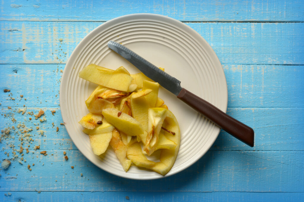 apple peels on white plate - blue table - closeup