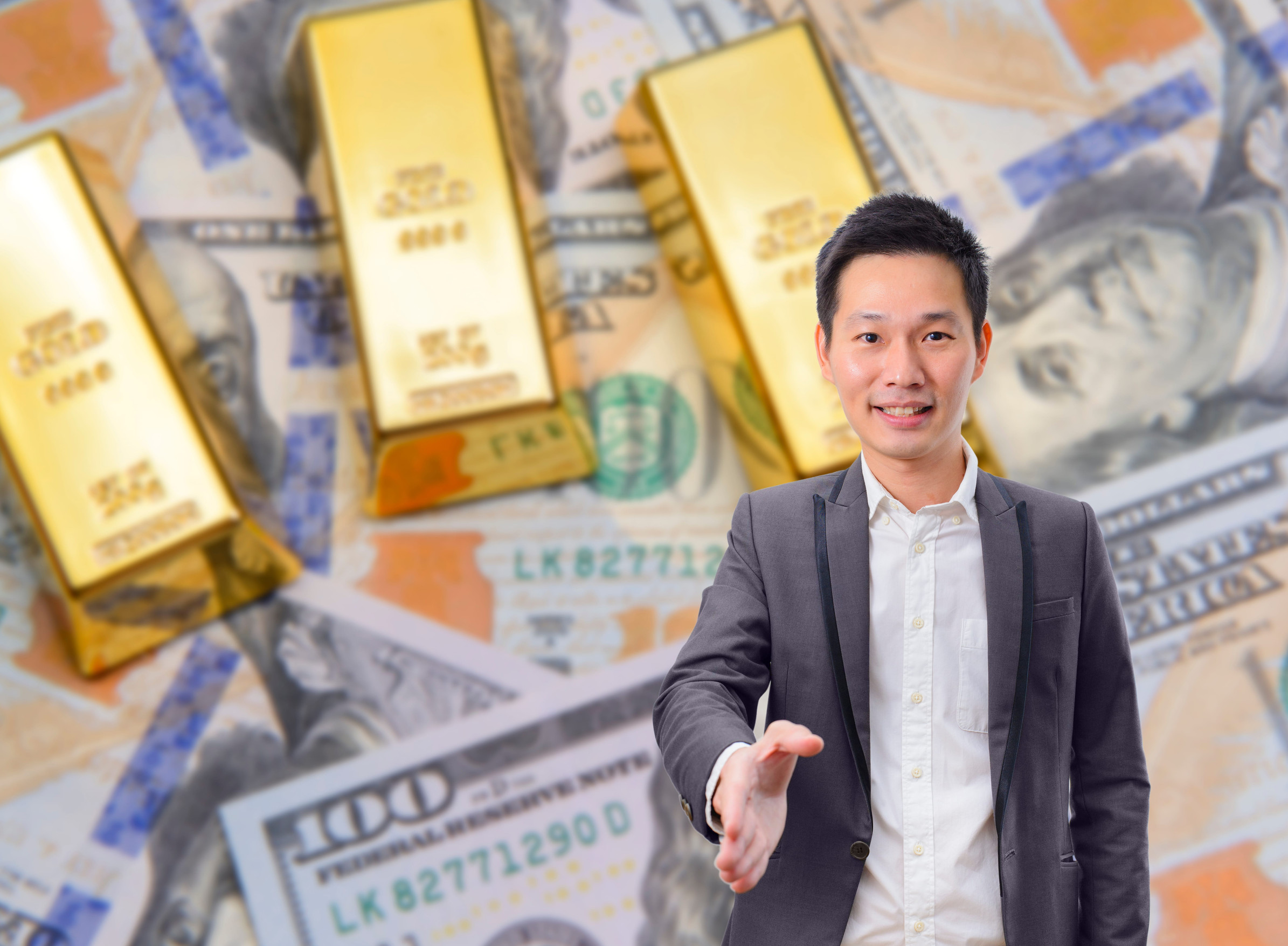 Business corporate with gold bars and dollar banknote background. Business deal or agreement and success concept.