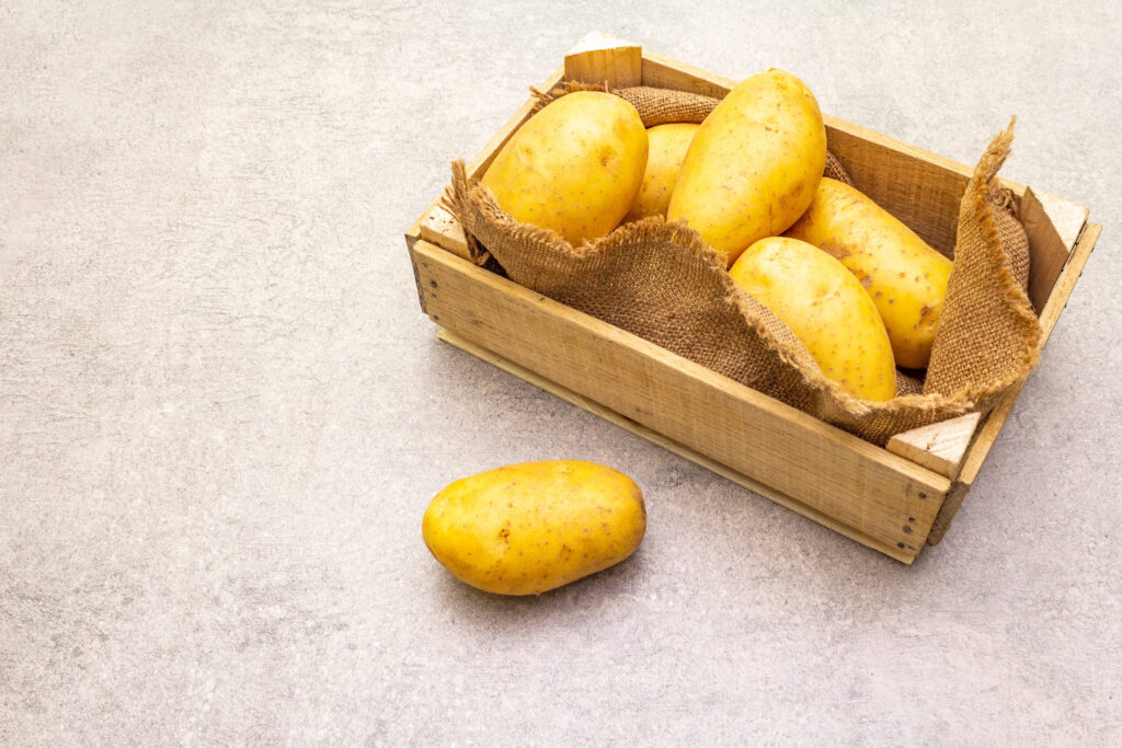 Raw unpeeled young potatoes in a wooden crate. New harvest, on sackcloth, stone background, copy space