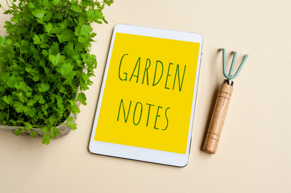 Tablet notebook for making gardening notes and plans, green fresh sprouts and tools for planting.