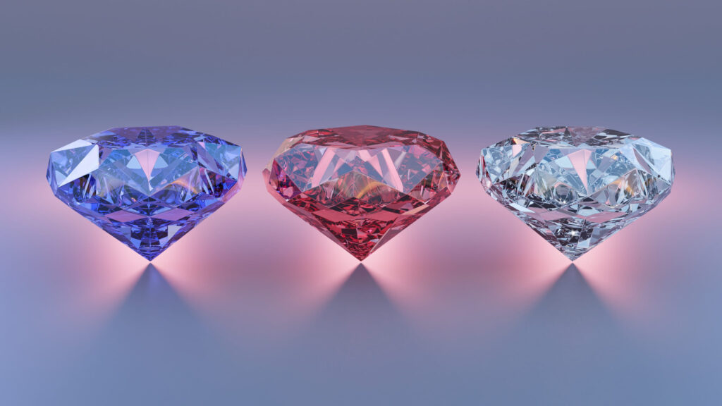 3 colorful diamonds, red, blue and white on a red backlight 