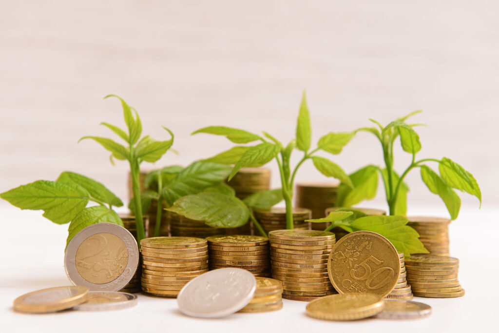 Coins with growing plant on white table. Money savings concept