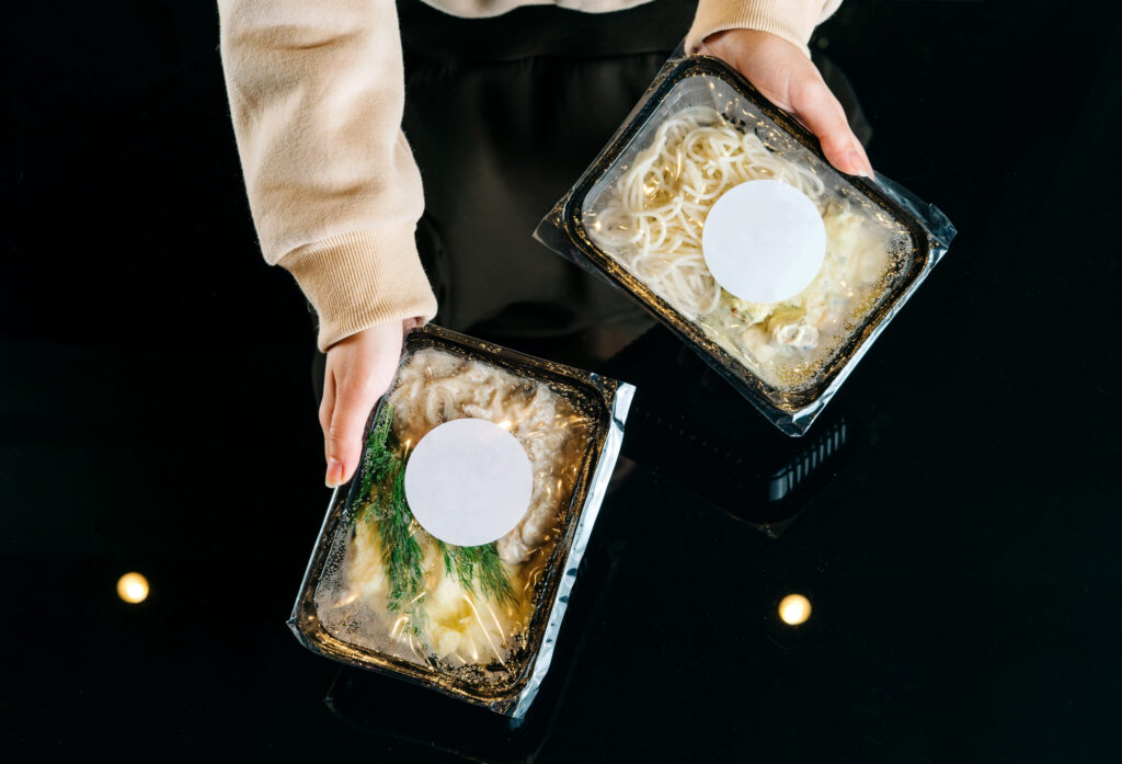 Healthy food and diet concept, restaurant dish delivery. Take away of fitness meal.