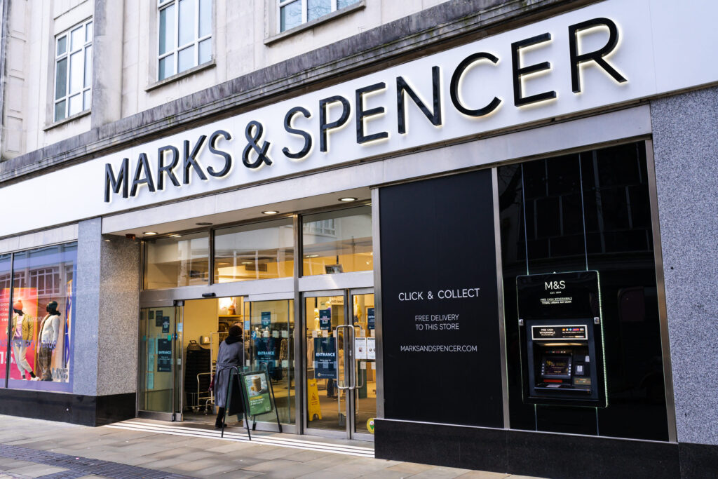 Marks and Spencer shop front with brand logo. Swansea, Wales, UK - January 16, 202