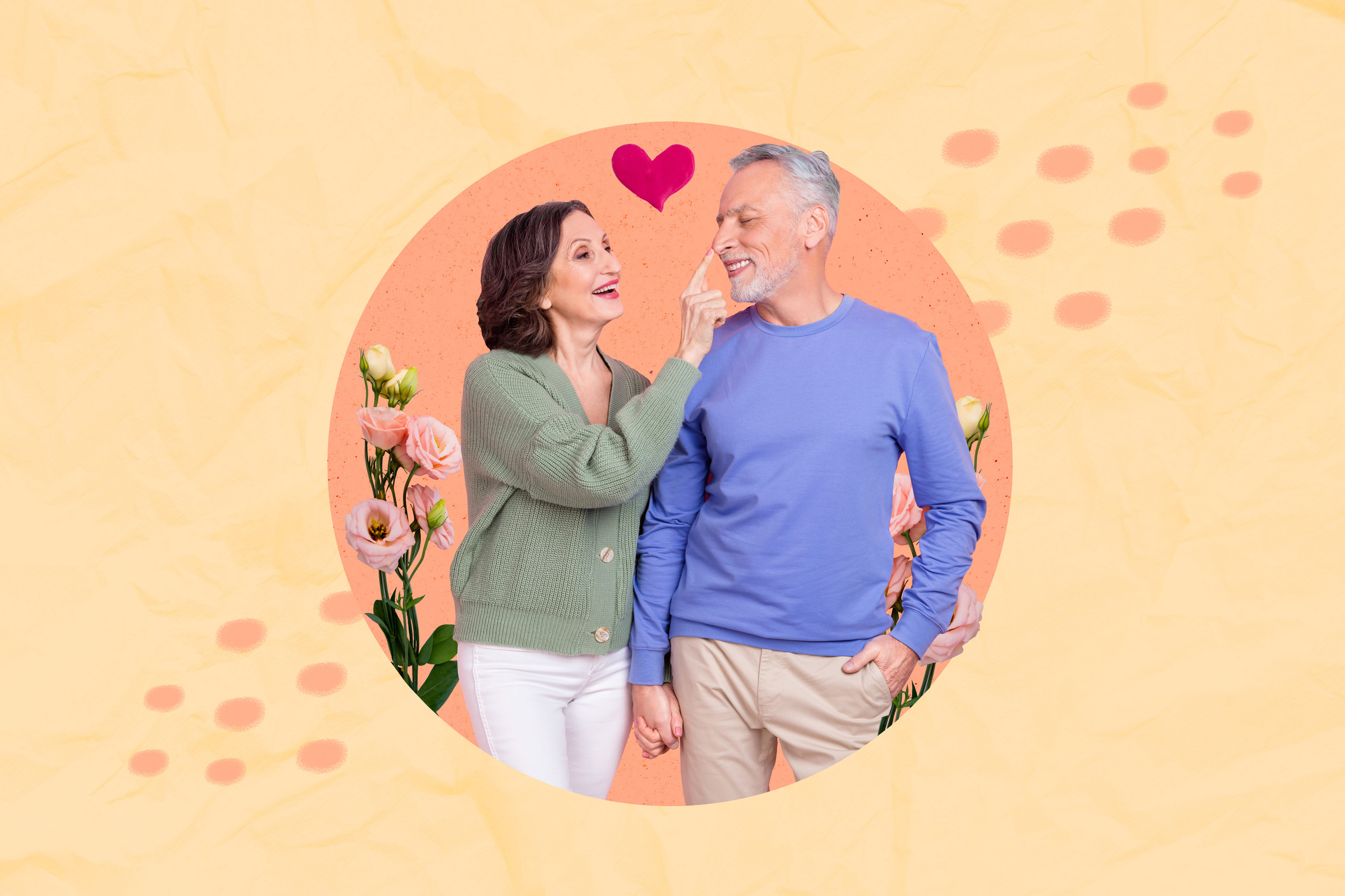 Photo portrait collage poster postcard template of two happy senior people lady touch nose love story isolated on painted background