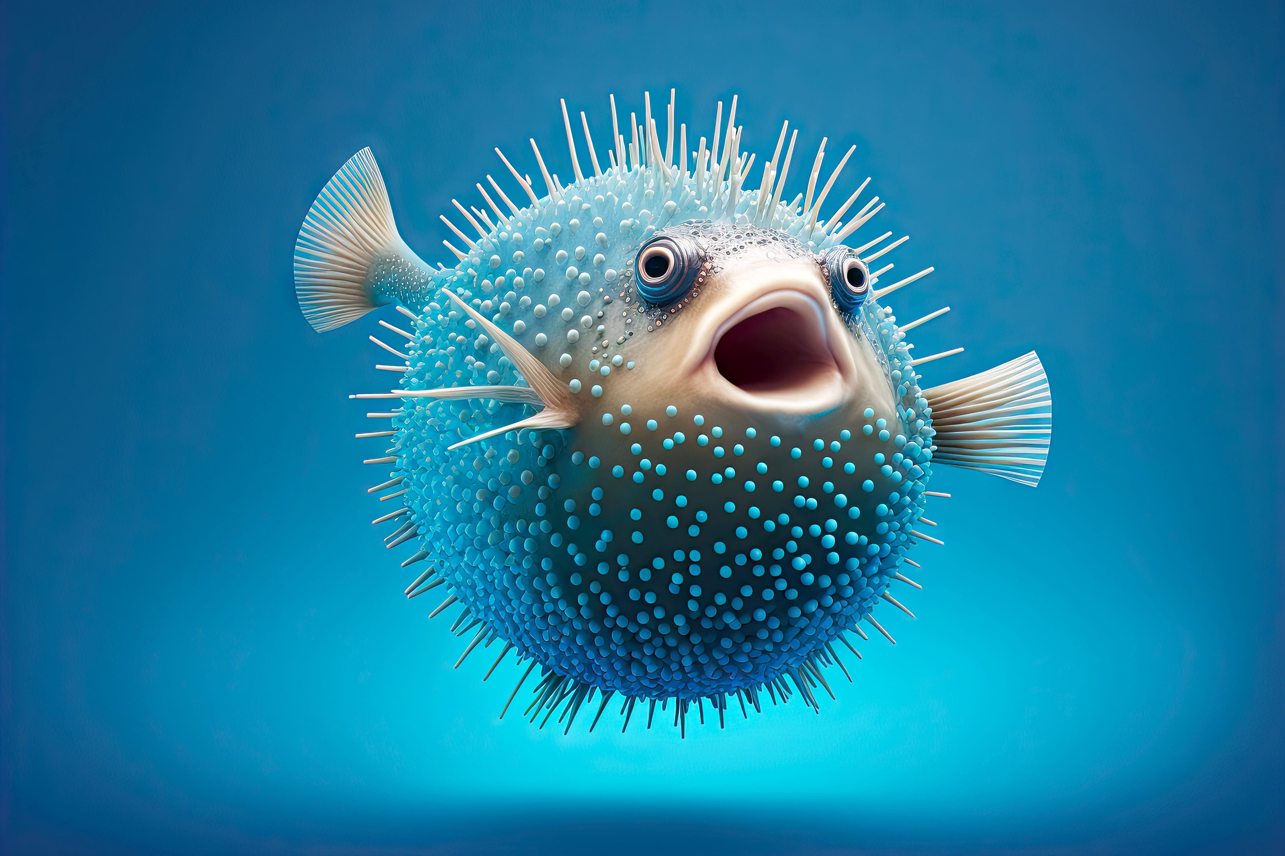 balloon-like puffer fish with sharp spikes on blue background