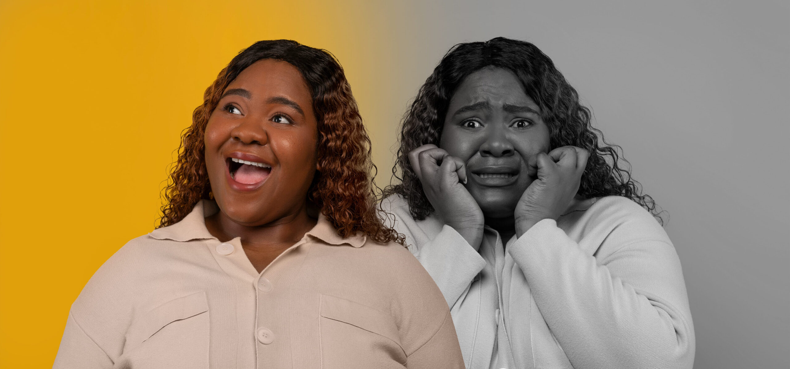 Expressive Woman Showing Joy and Fear Against Colorful Background