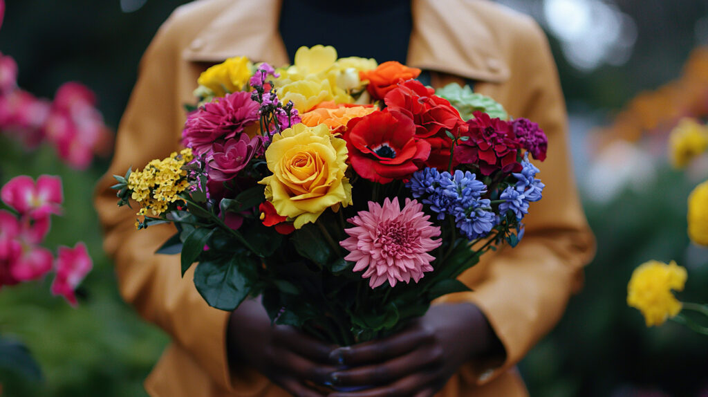 A person presents a stunning bouquet of bright flowers while in a floral shop.