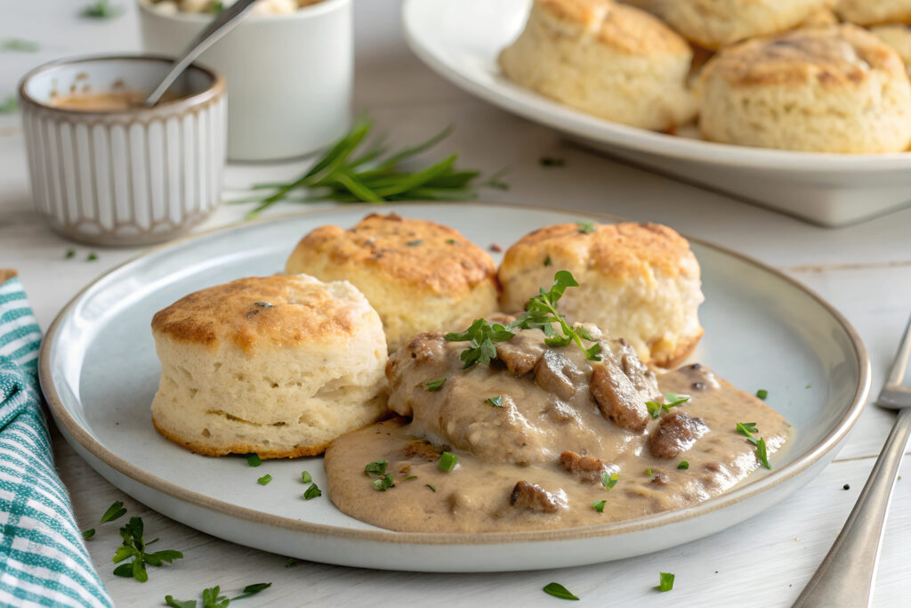 Scones with mushrooms and cream sauce on a white wooden table