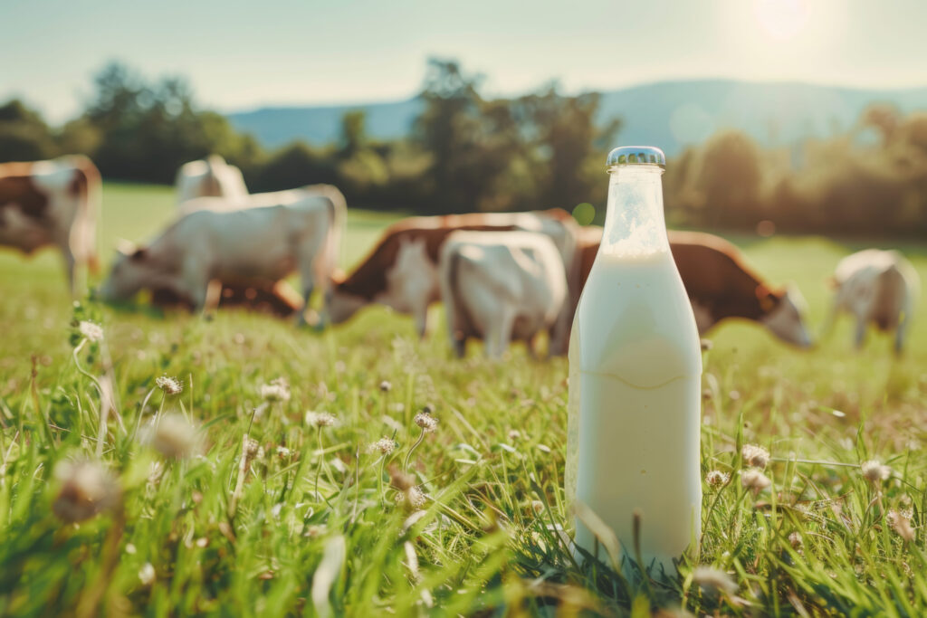 Sunny day scene cows grazing on green pasture with fresh milk bottle in background