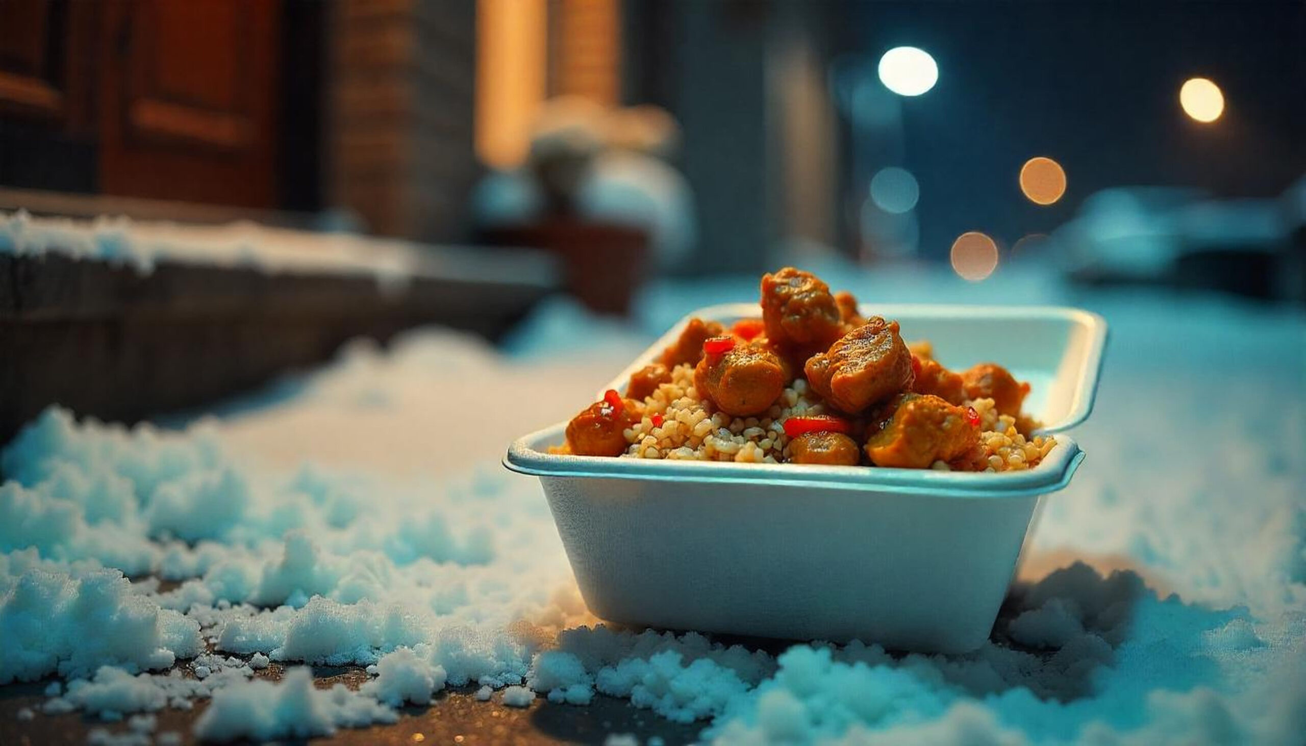 Takeaway food box with chicken and rice on snow