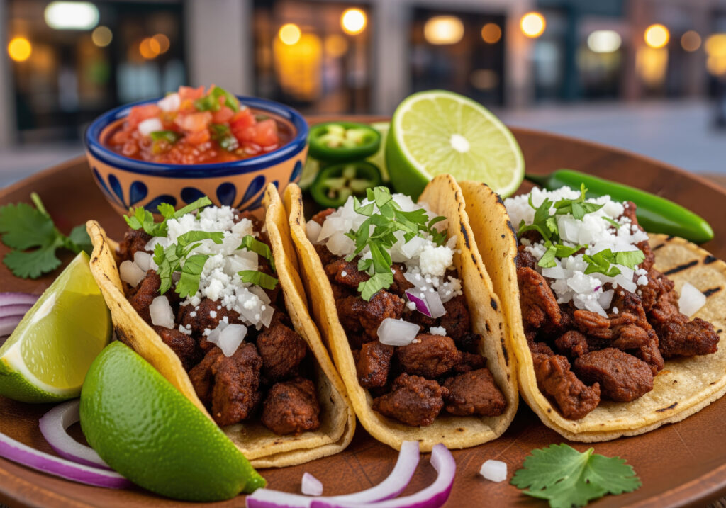 Close up shot of a plate with Mexican tacos. They are served with salsa, lime, onions, and jalapenos. The background is blurred with bokeh.