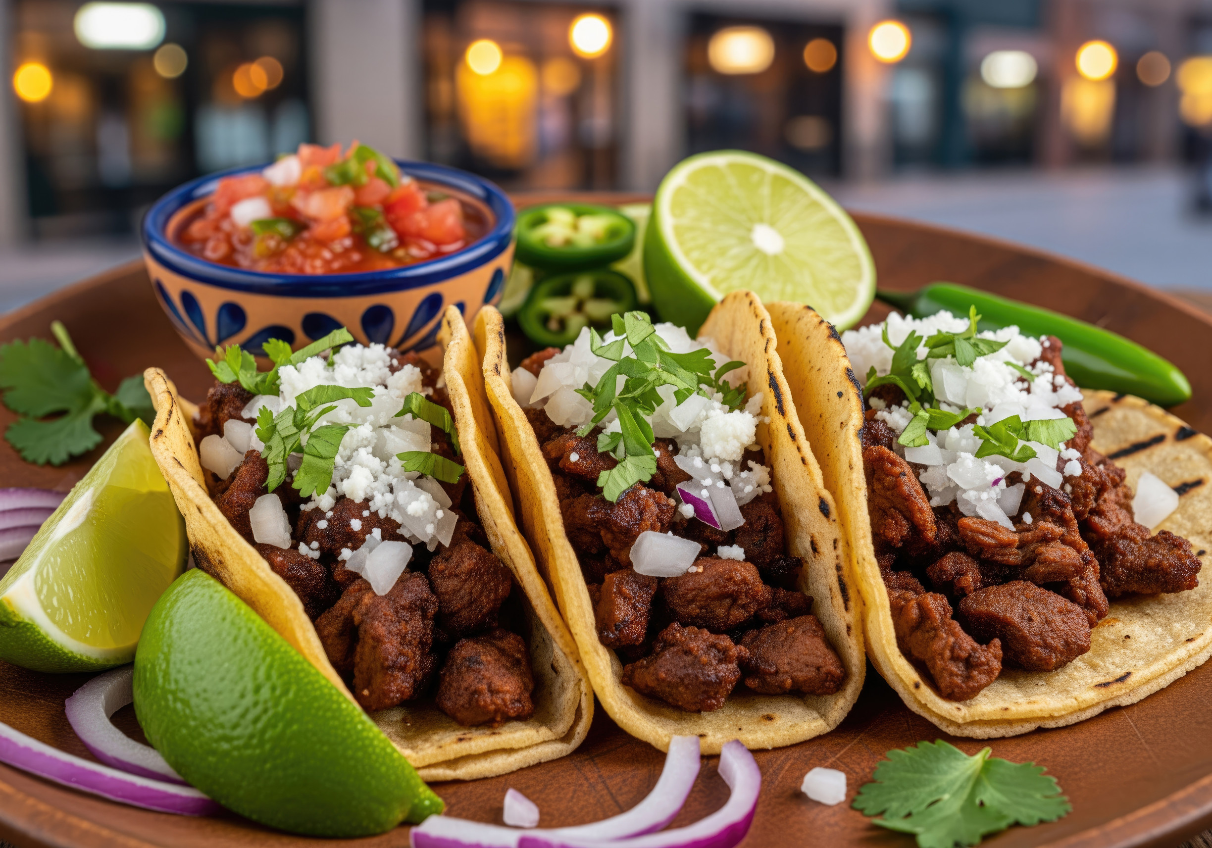 Close up shot of a plate with Mexican tacos. They are served with salsa, lime, onions, and jalapenos. The background is blurred with bokeh.