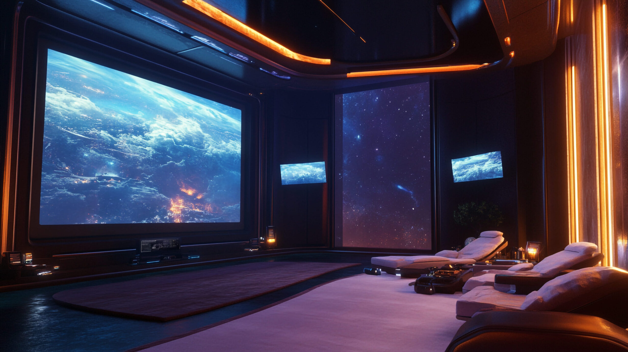 Interior of a modern gaming room with a view of the galaxy