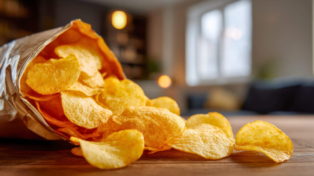 Crisp, golden curls cascade onto a warm wooden tabletop, inviting a comforting snack in a charming, homey environment filled with soft lighting.