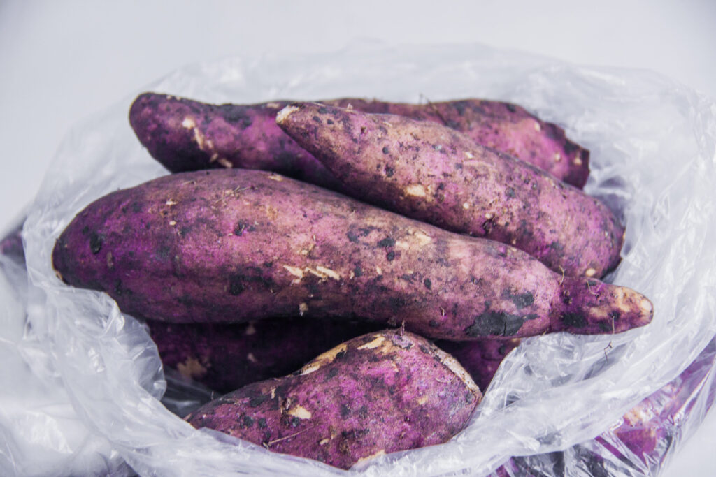 purple raw organic sweet potato, root vegetable food, studio shot, artificial light, plastic transparent container, isolated on white background, selective focus, shallow depth of field