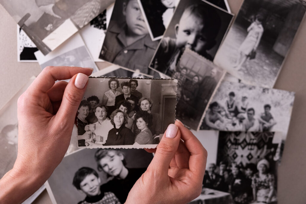 BAKU, AZERBAIJAN-June 18, 2024. Printed vintage antique black and white retro photos. Memories and nostalgia