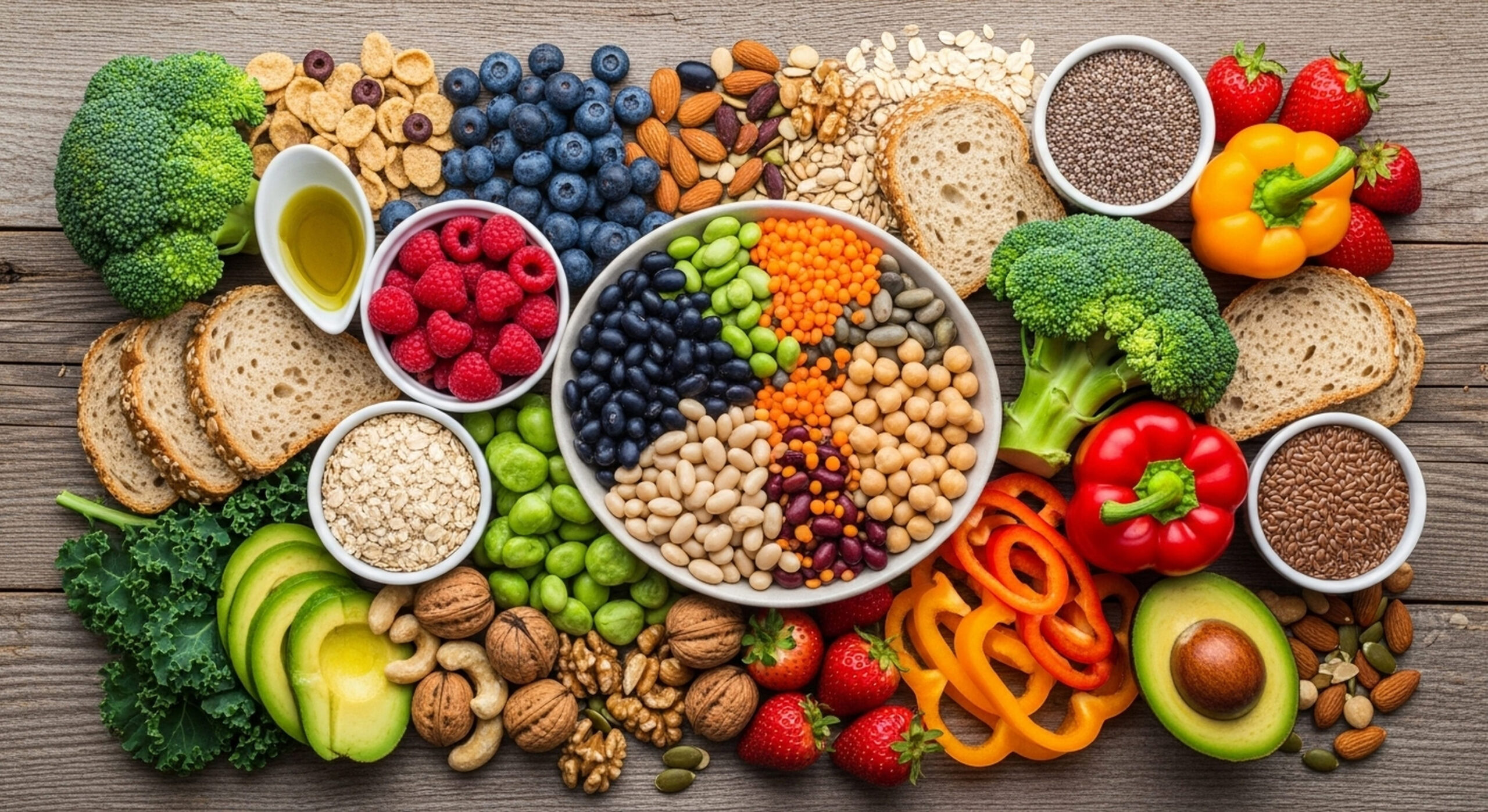 Healthy food clean eating selection: fruits, vegetables, cereals, legumes, grains, superfoods and nuts on wooden background