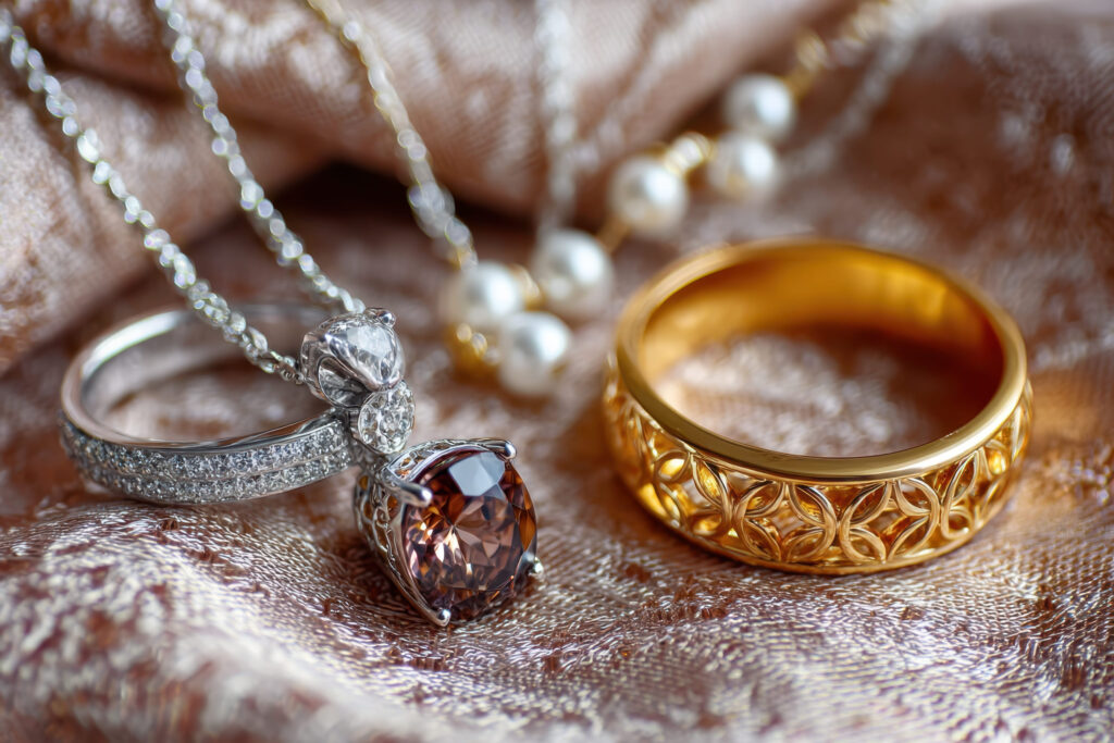 Closeup of elegant gold and silver jewelry displayed on soft, textured fabric