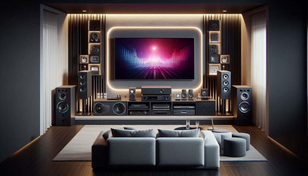 Modern home theater with a large screen. 3d rendering mock up