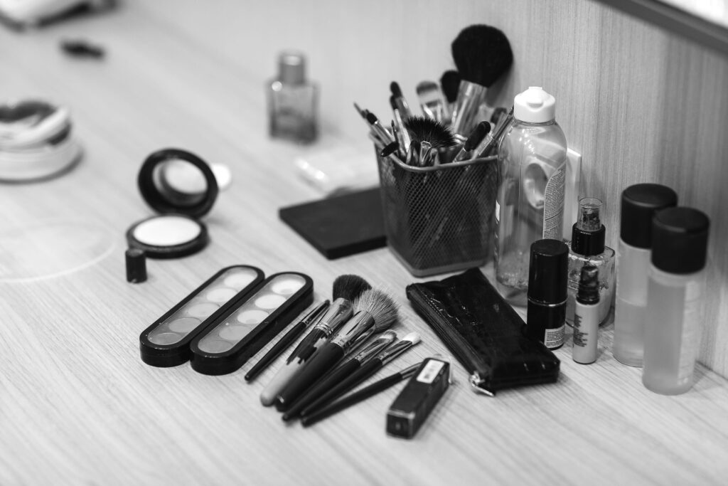 makeup, brushes, closeup. Backstage makeup artist work. Makeup stylist.