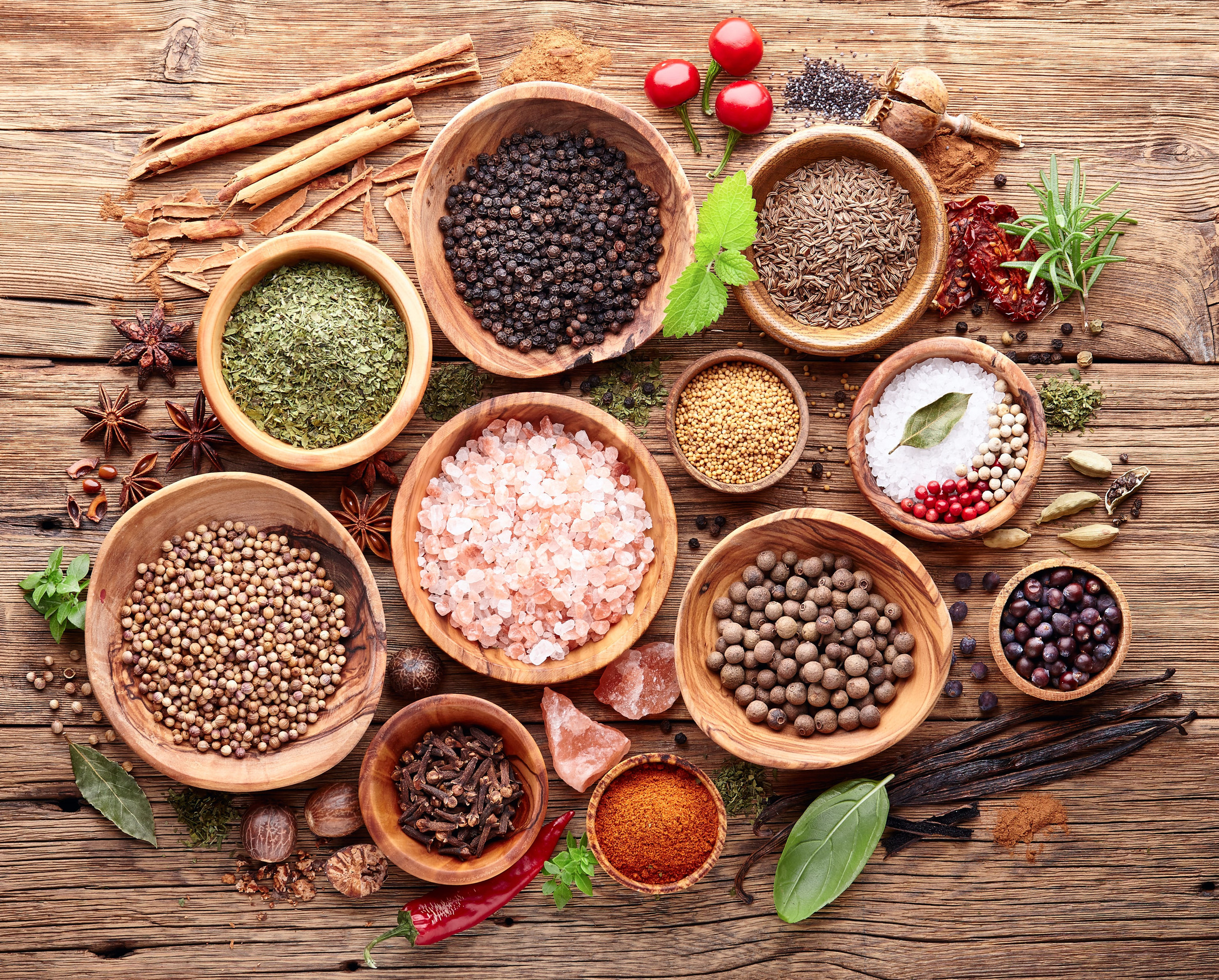 Herbs and spices on a wooden board