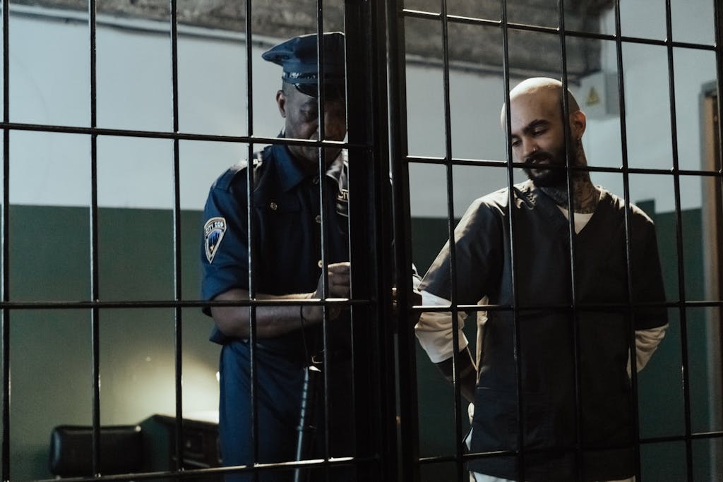 A policeman arrests a bald man in a dimly lit prison cell, conveying confinement.