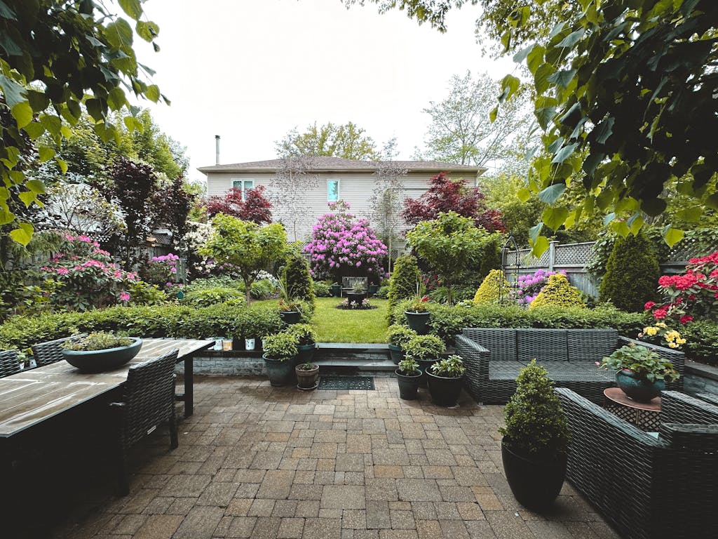 A tranquil backyard garden showcasing vibrant flowers, lush greenery, and patio furniture.