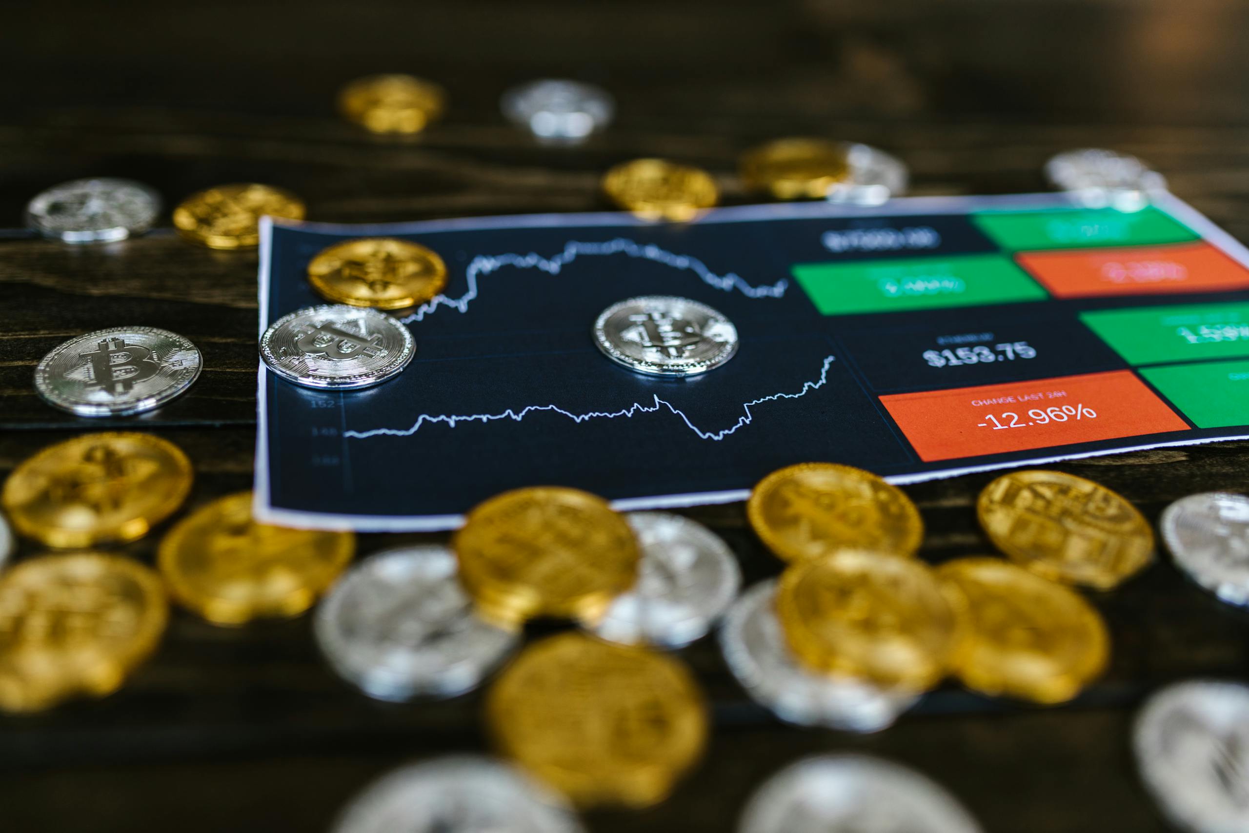 Bitcoin and altcoins on table with digital trading chart indicating market trends and investment details.