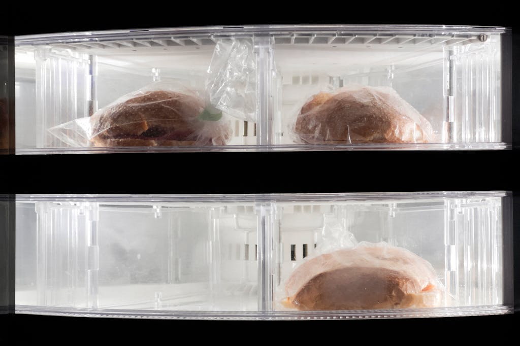 8 Foods That Completely Ruined My Grocery Budget 3 Clear view of two frozen sandwiches wrapped in plastic inside a refrigerator.