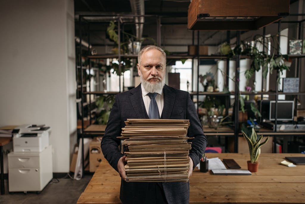Elderly caucasian man with a beard holding piles of paperwork in a modern office environment.