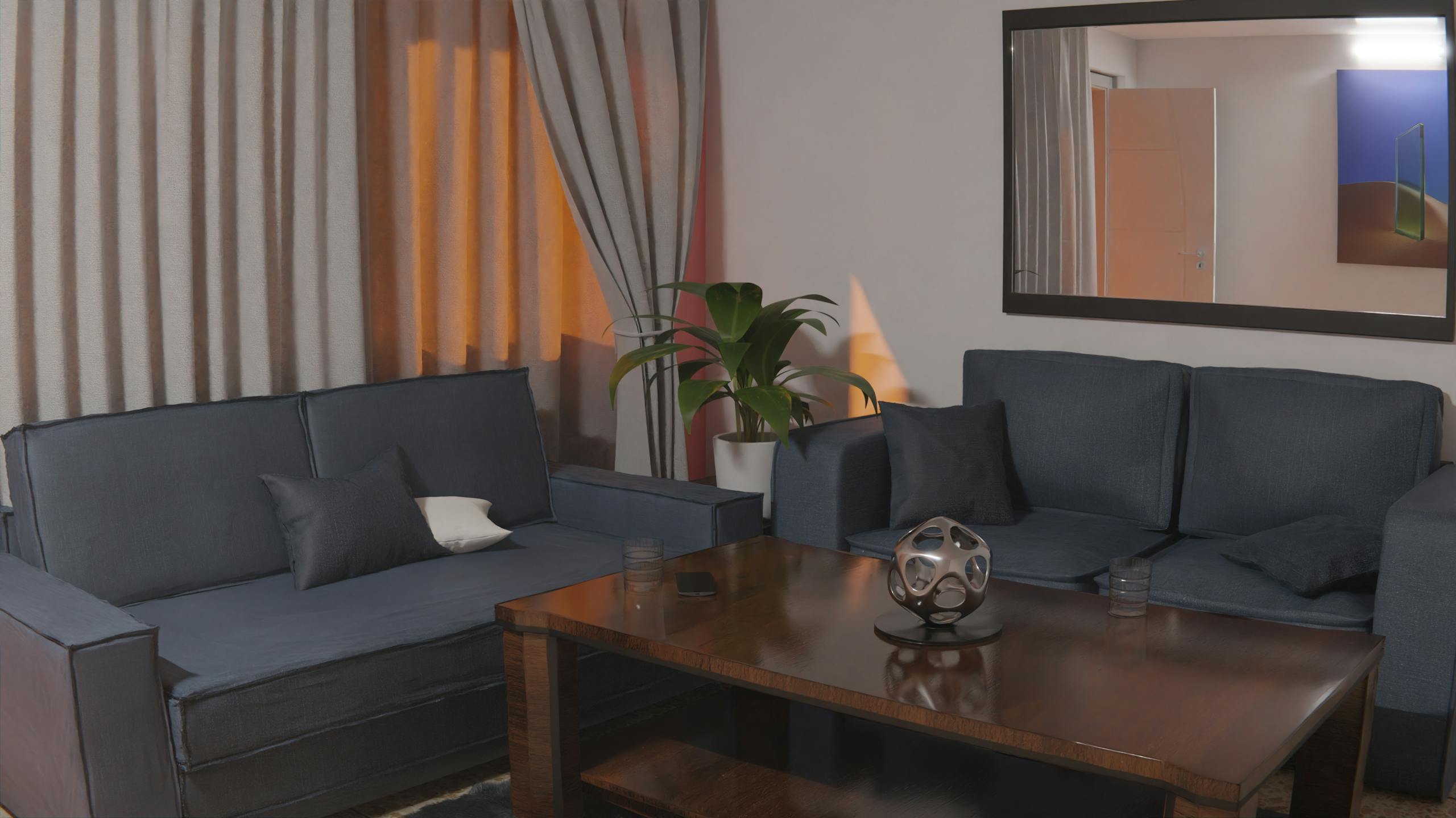 Inviting living room setting featuring blue sofas, wooden table, and contemporary decorations.