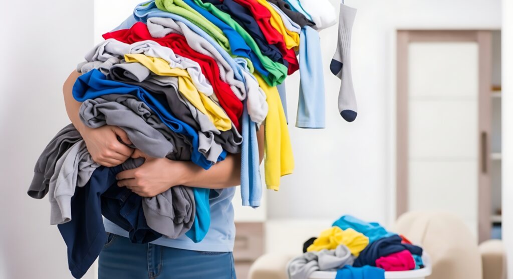 Ignore These 8 Hacks and Your Mornings Will Turn Chaotic and Stressful 4 medium vecteezy person holding large pile of colorful clothes in living room 73181704 medium
