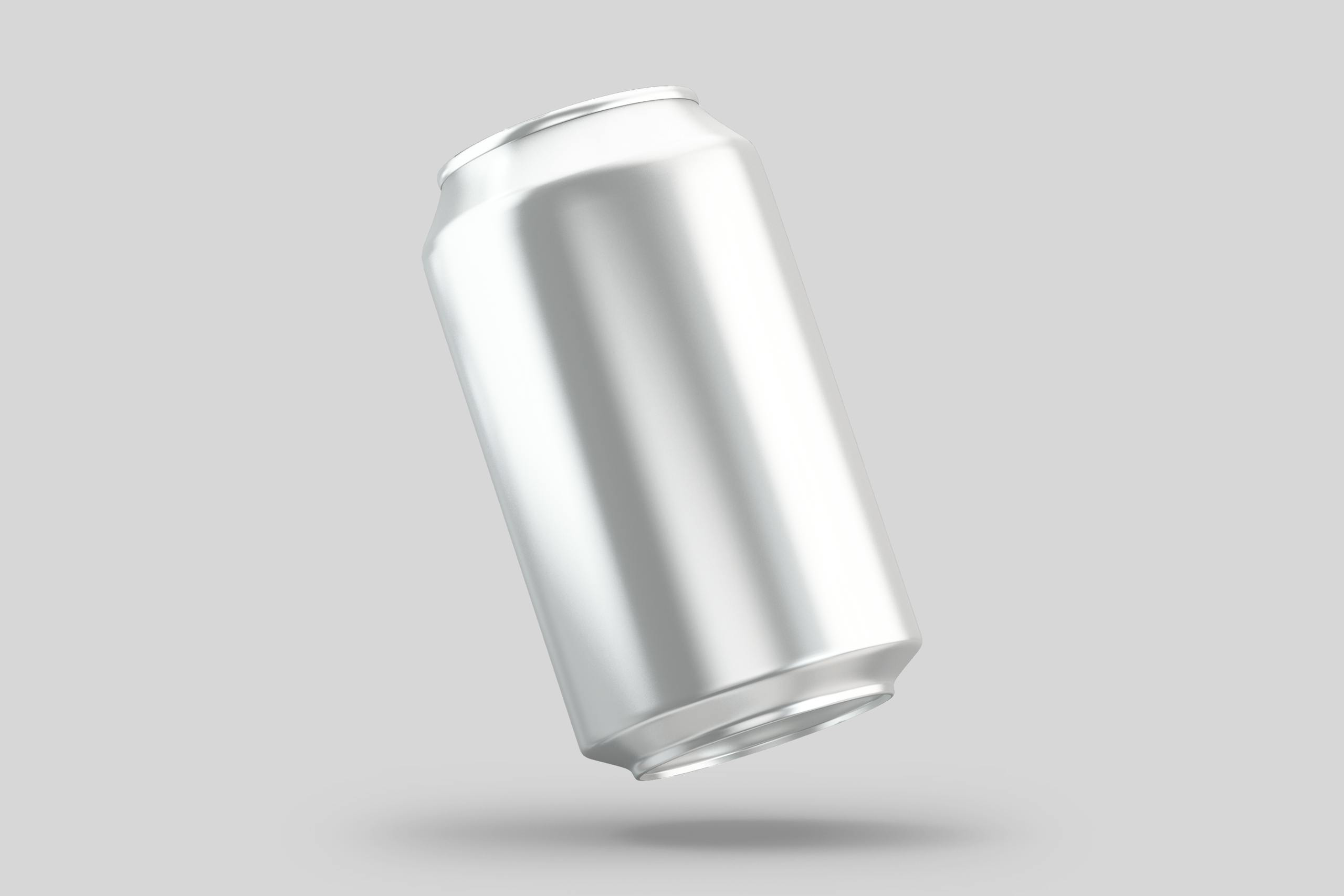 Minimalist mockup of a blank aluminum soda can floating on a white background.