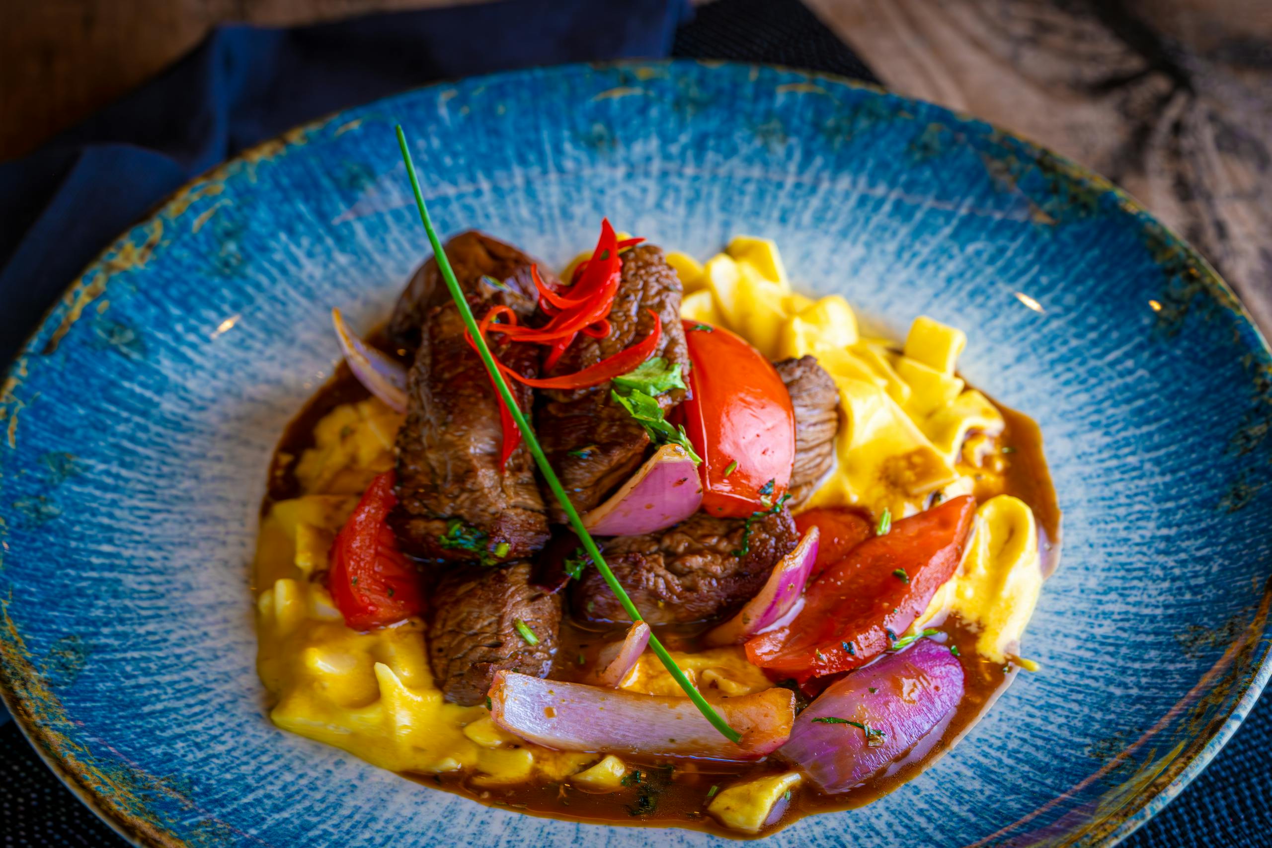 Mouthwatering beef stroganoff served with pasta and fresh vegetables.