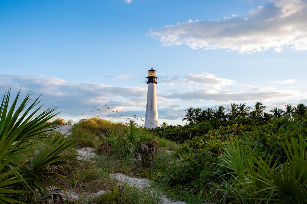 Scenic view of Cape Florida Lighthouse surrounded by lush greenery under a blue sky.