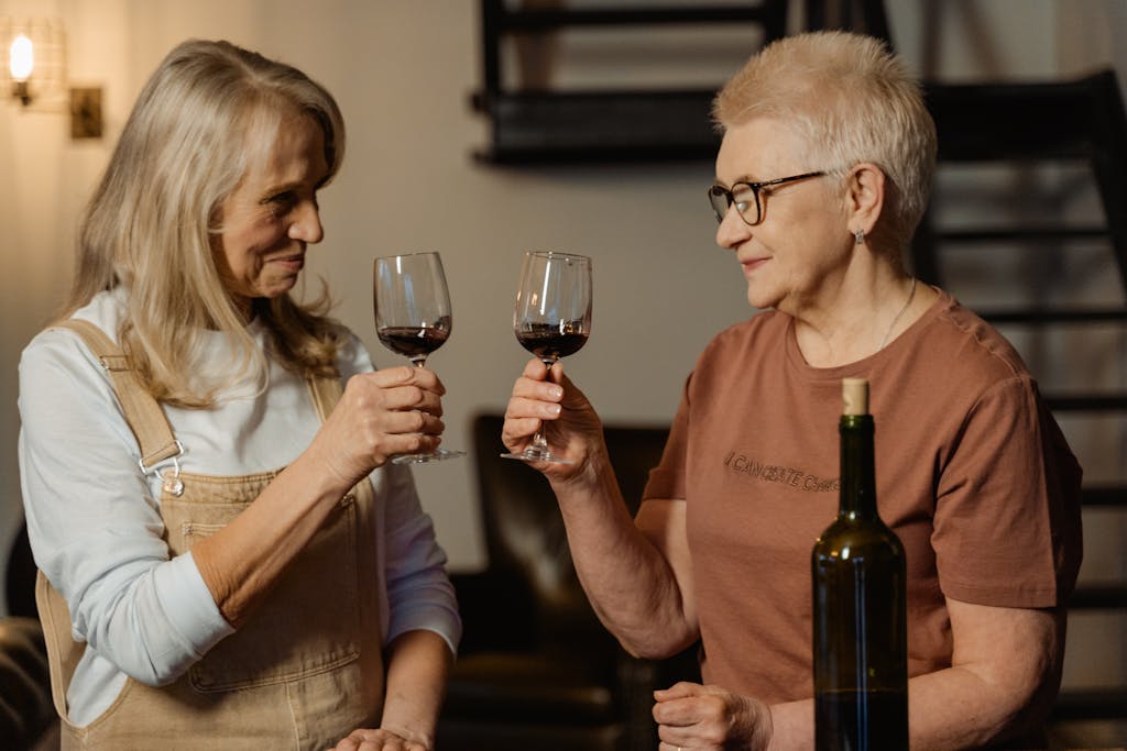 Two senior women enjoying wine together indoors, symbolizing friendship and leisure.