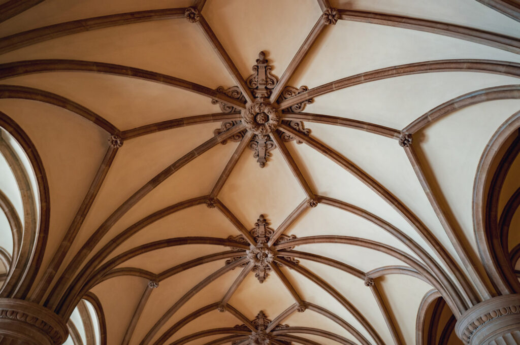 Corridor with vaulted decorated ceiling in City Hall (Rathaus), Hamburg, Germany