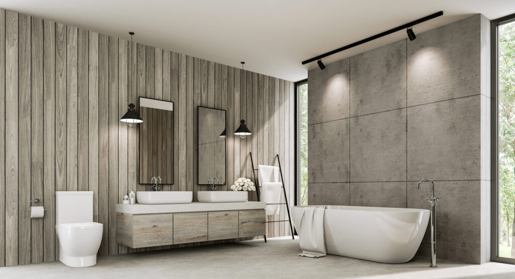 Loft style bathroom with wood plank and concrete wall 3d render,There polished concrete floor ,old wood cabinet with white terrazzo counter top,with tall window overlooking nature view