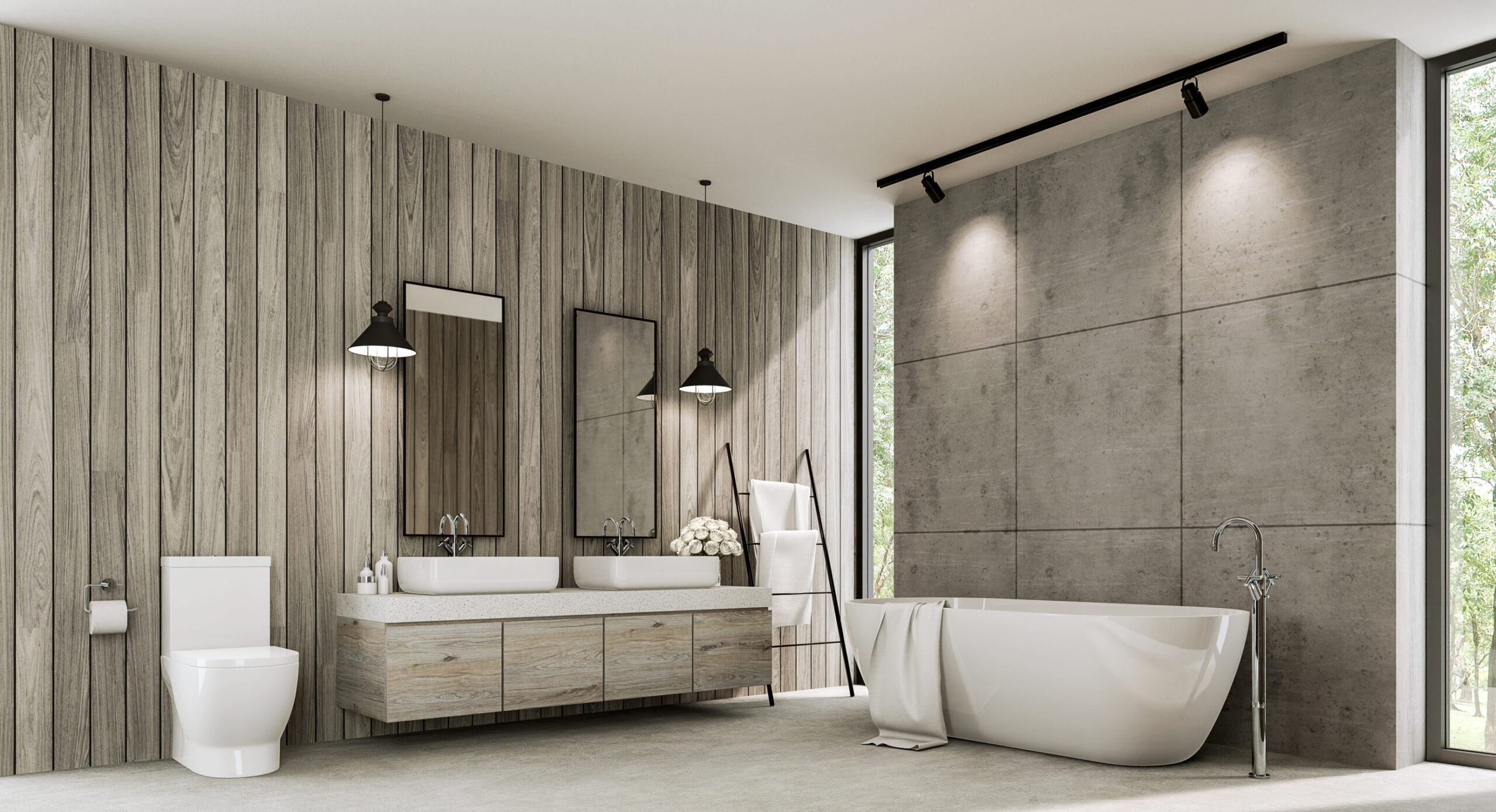 Loft style bathroom with wood plank and concrete wall 3d render,There polished concrete floor ,old wood cabinet with white terrazzo counter top,with tall window overlooking nature view