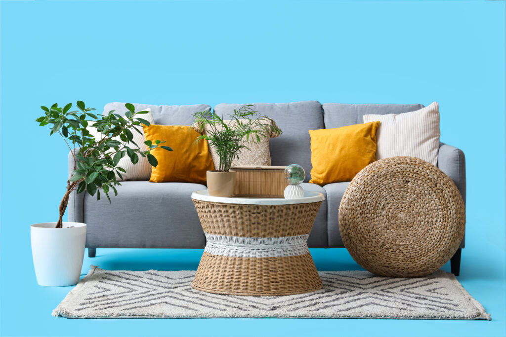 Comfortable gray sofa, coffee table and houseplants on blue background