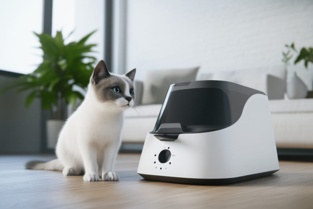 A curious cat sits next to an automatic feeder in a bright, contemporary living room filled with plants.