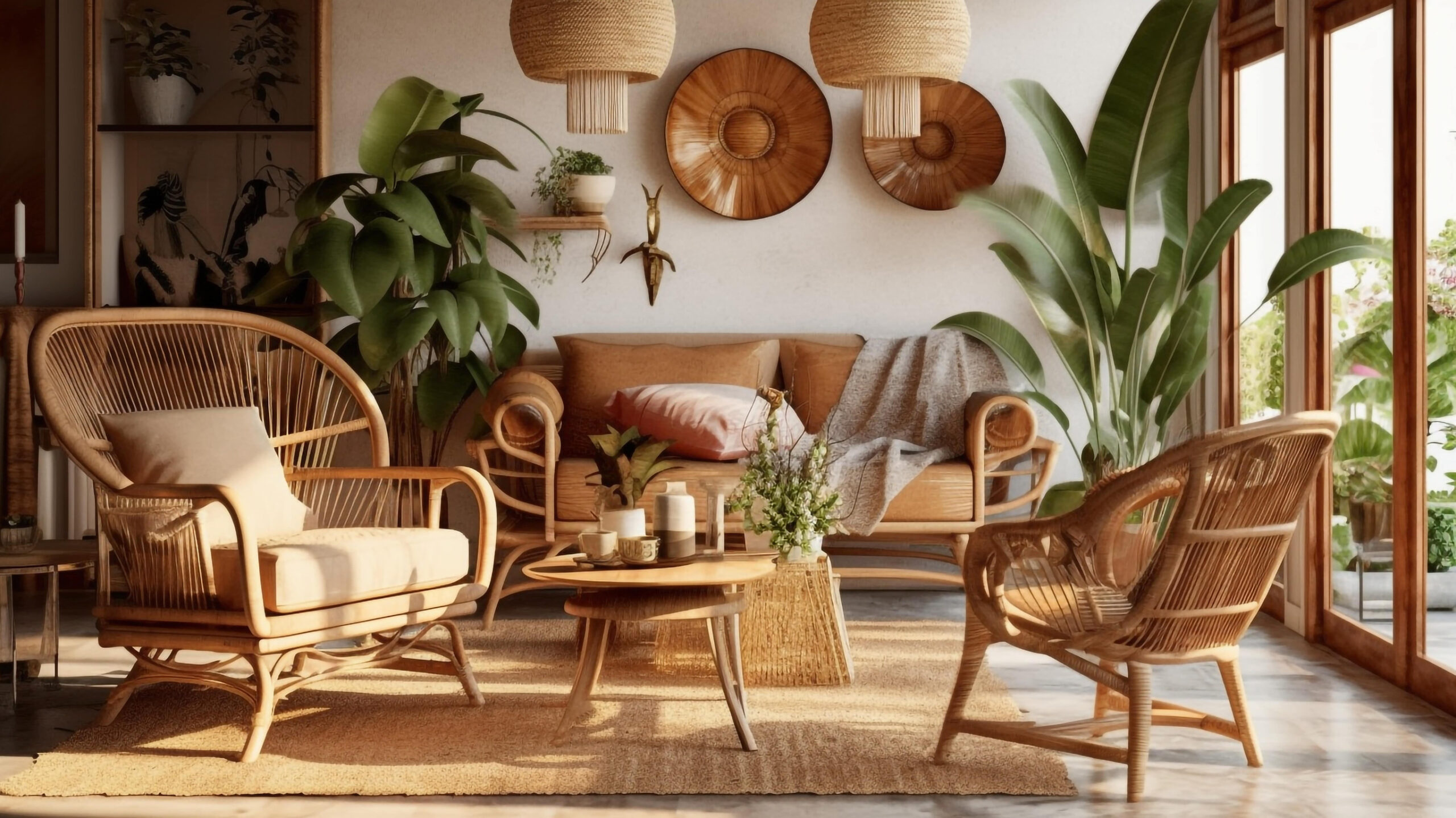 A sunlit living room with rattan furniture, tropical plants, and a bohemian chic vibe. Warm, cozy, and stylish interior design.