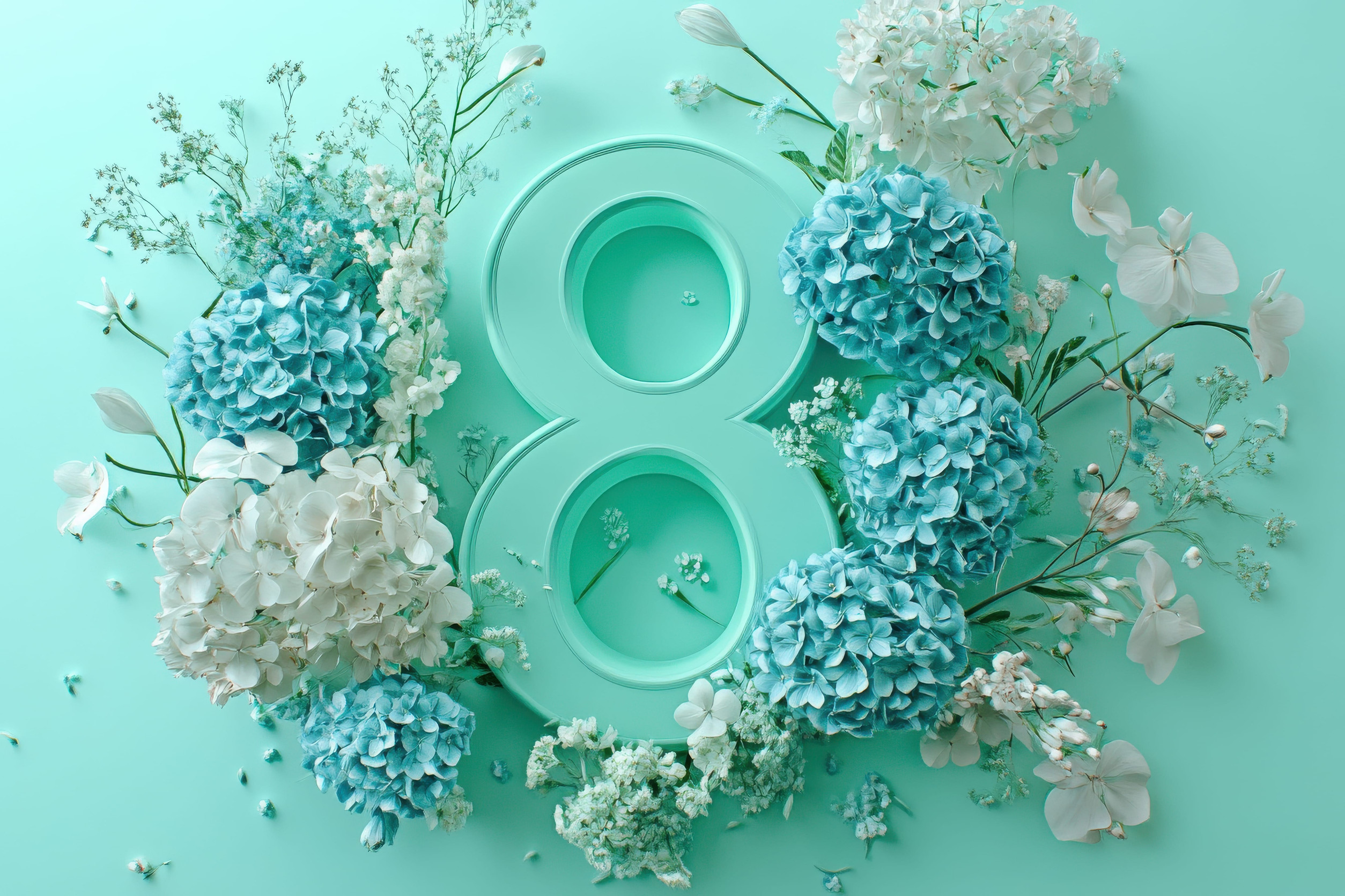 Floral number 8 surrounded by blue and white hydrangeas on mint green background.