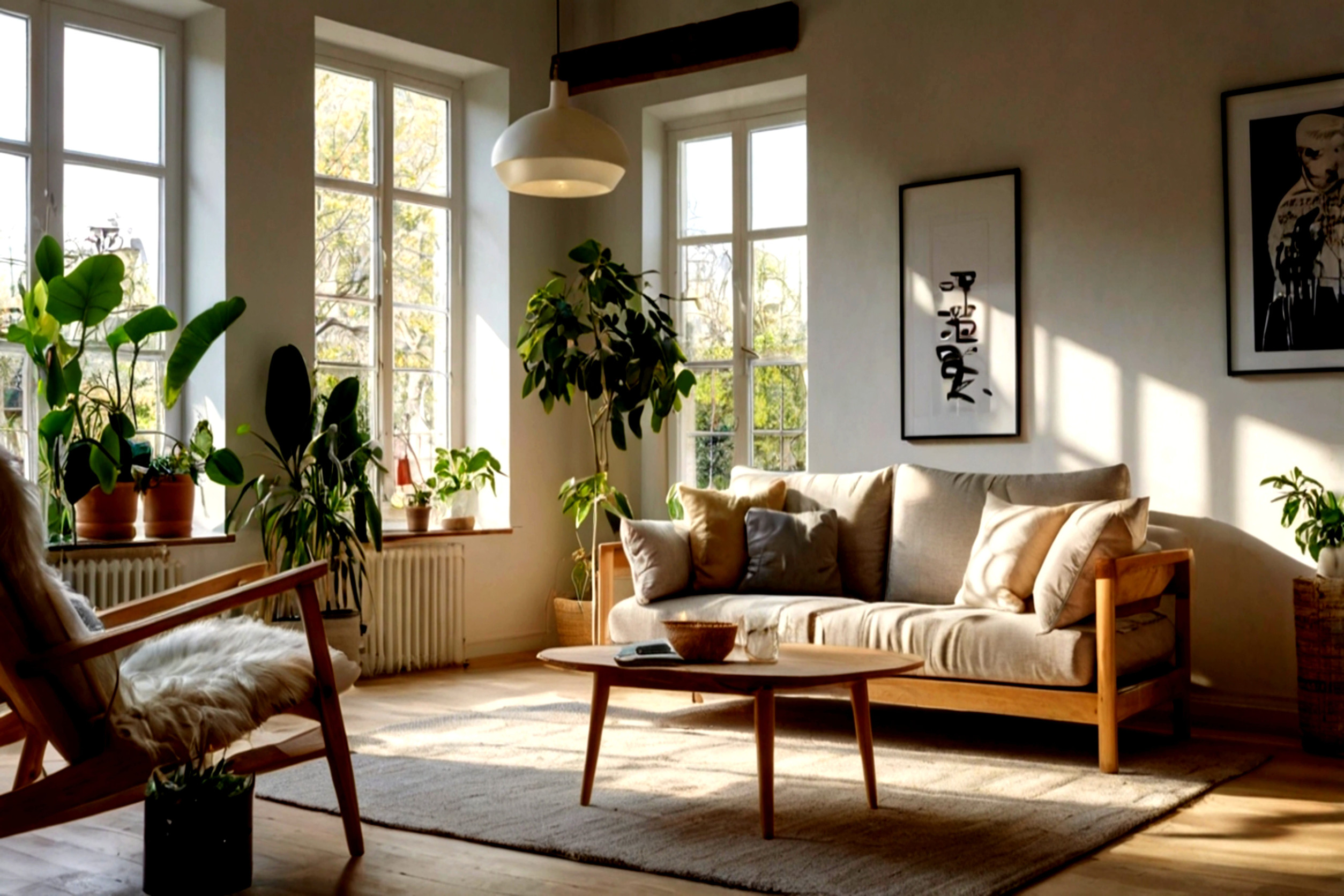 Interior of a modern living room with a sofa, coffee table and plants